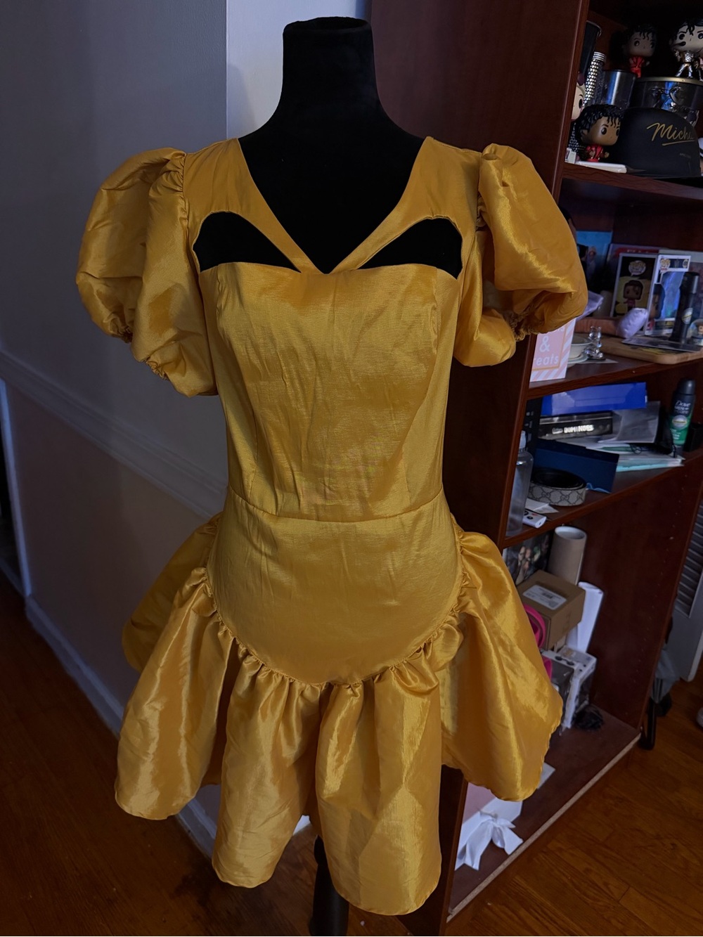Source Unknown Mustard Gold Puff-Sleeve Mini Dress